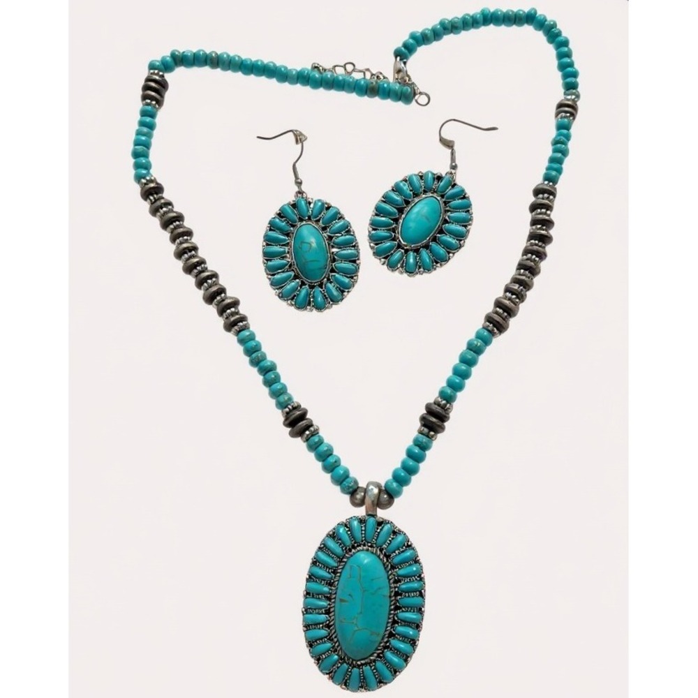 Turquoise Stone Necklace‎ Earrings Set Western Boho Jewelry Fashion Costume